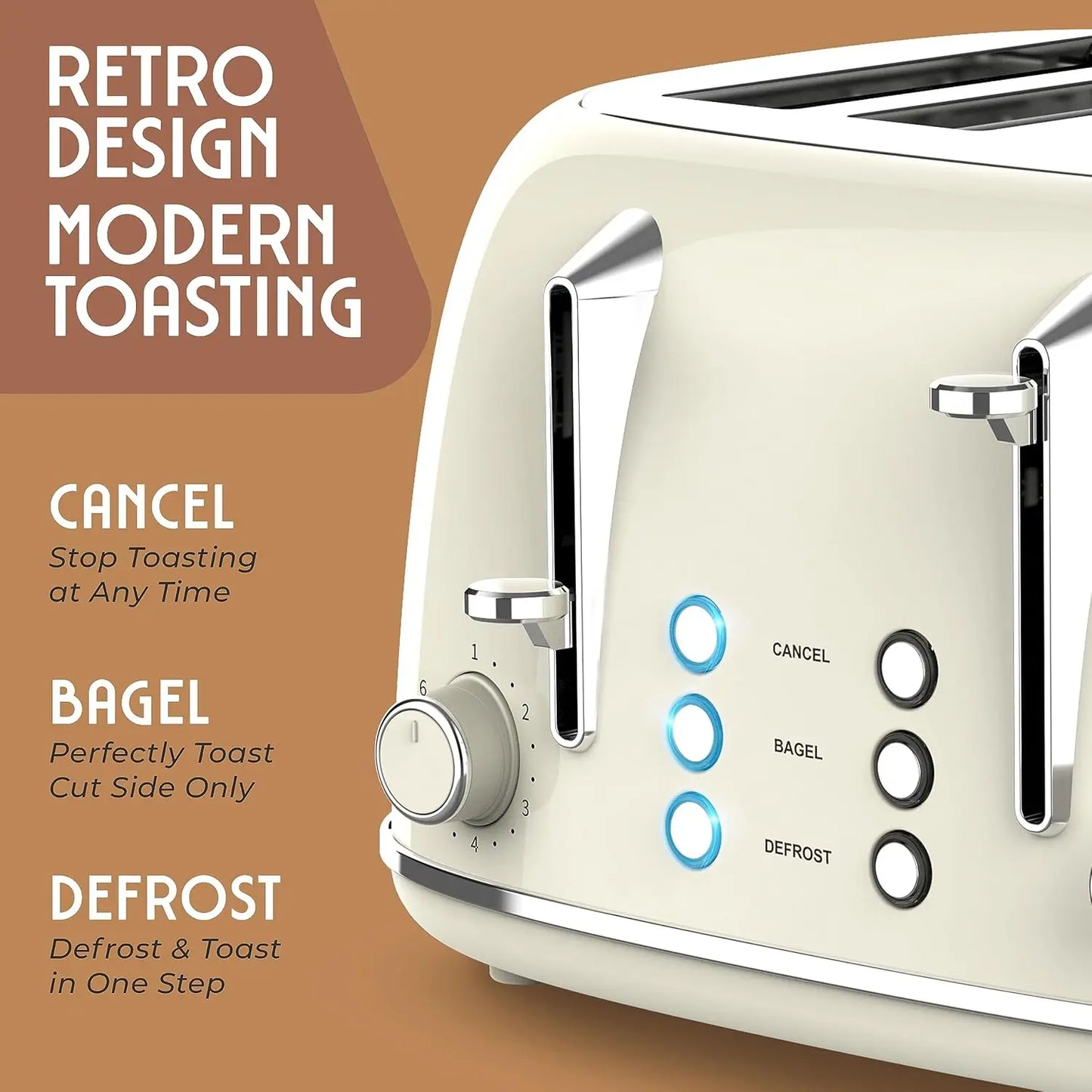 Retro Toaster 4 Slice with Extra Wide Slots Bagel Defrost and Cancel Function 6 Browning Levels Dual