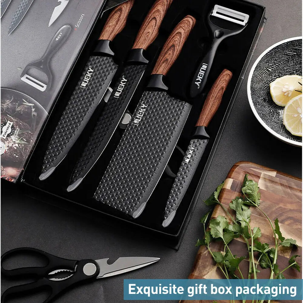 6Pcs/Set Kitchen Knives Set Stainless Steel Chef, Scissors, Peeler, Slicer, Nakiri & Paring Gift Case - My Store