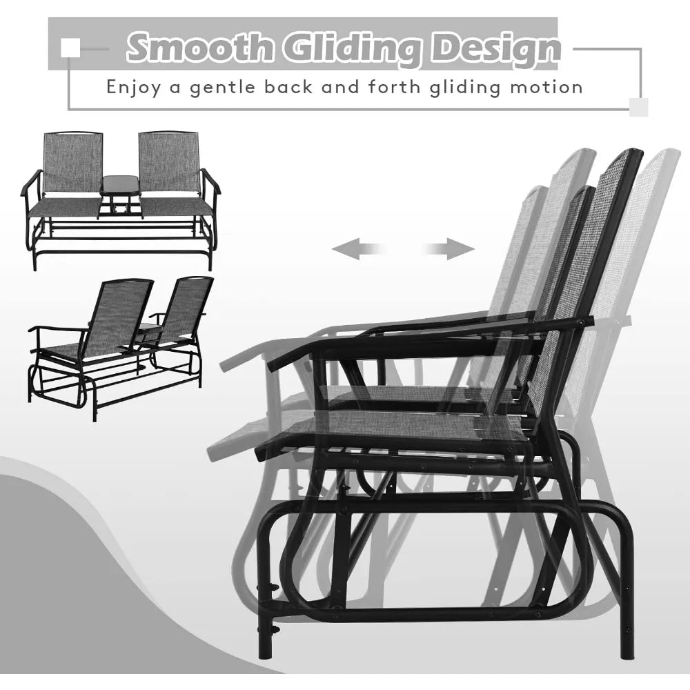 Glider Chair, Patio Rocking Loveseat w/Center Tempered Glass Table, Swing Bench w/Steel Frame for 2