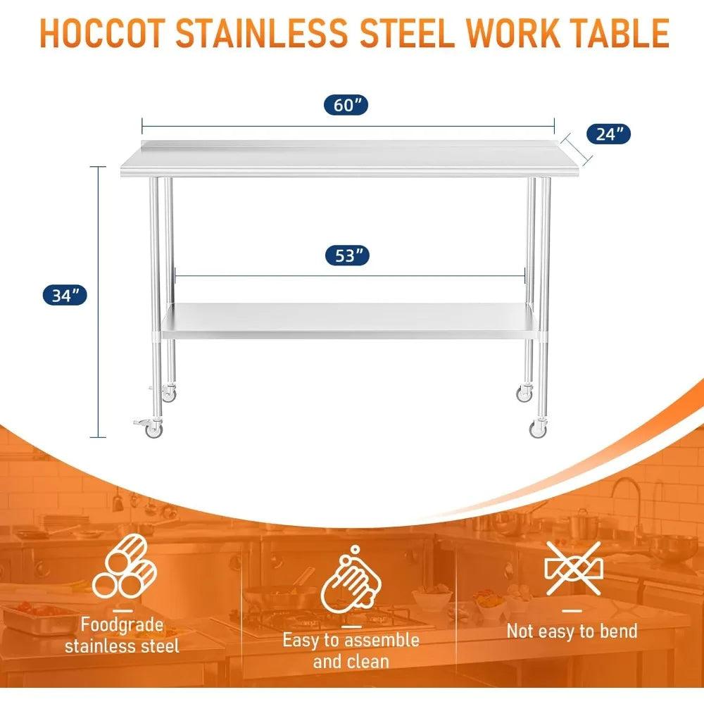 Stainless Steel Prep & Work Table with Adjustable Shelf, with Backsplash and Wheels, Kitchen Island