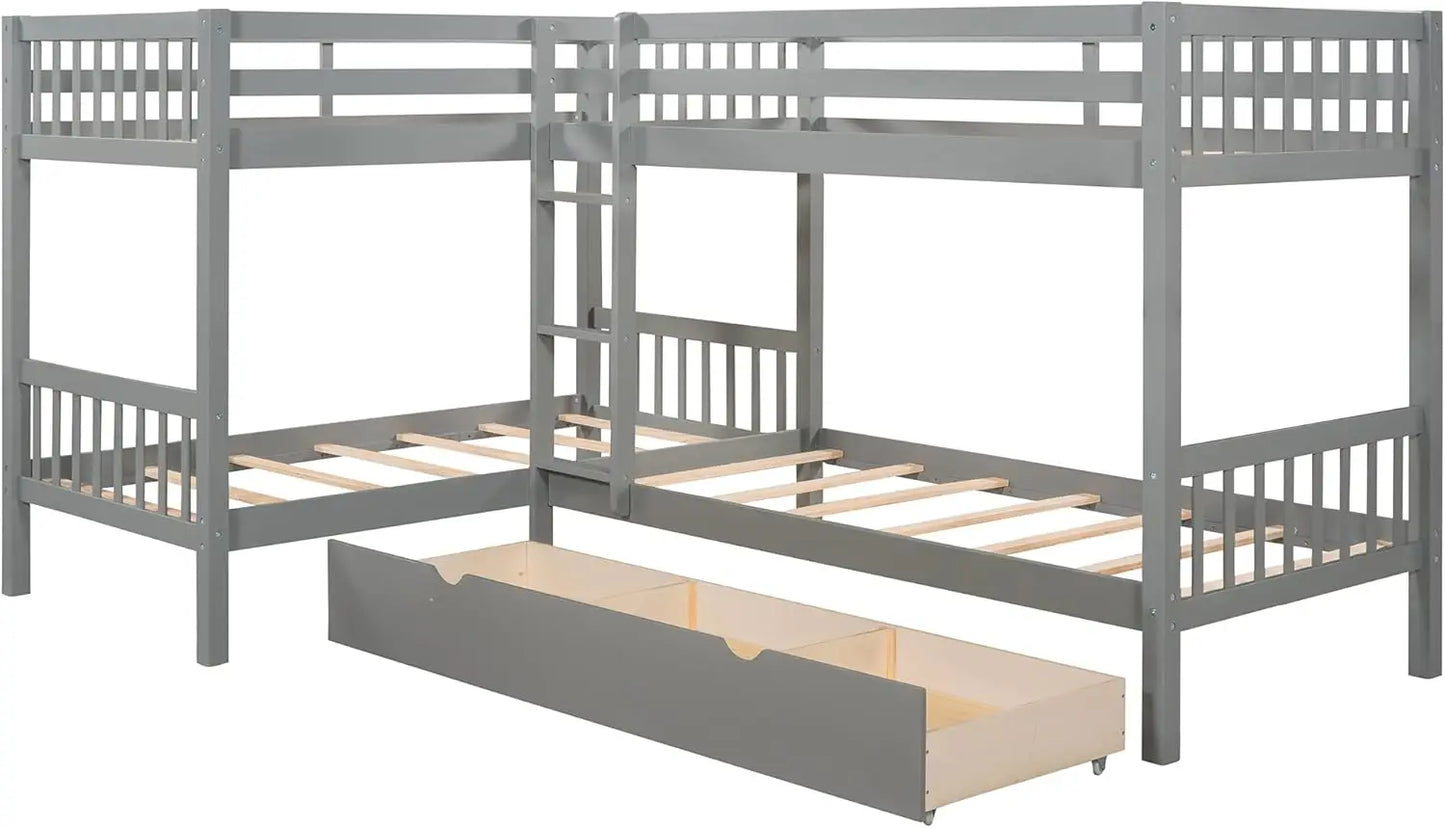 Wooden L Shaped Twin Quad Bunk Bed/Storage Drawers Space-Saving Corner L-Shaped Quadruple 4 Twin Bed