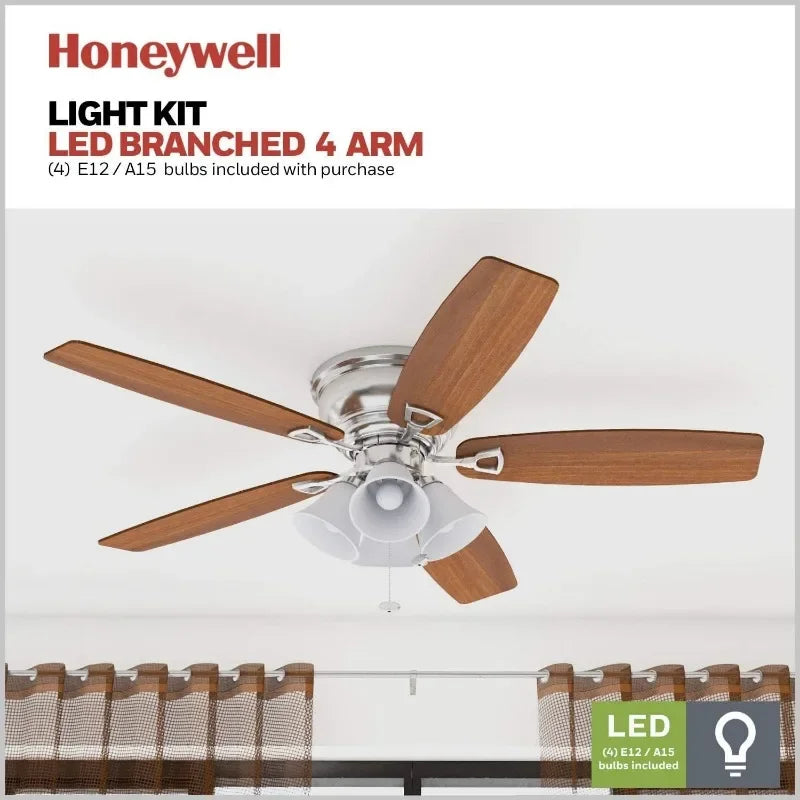 Honeywell Ceiling Fans Glen Alden, 52 Inch Classic Flush Mount Indoor LED Ceiling Fan w/Light