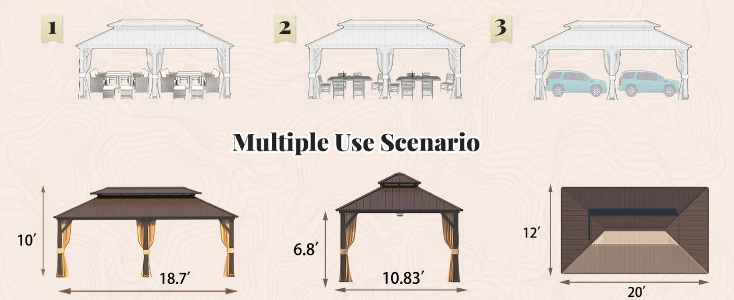 12' X 20' Hardtop Gazebo, Galvanized Steel Ventilation Double Roof Aluminum Frame, Curtains/Netting