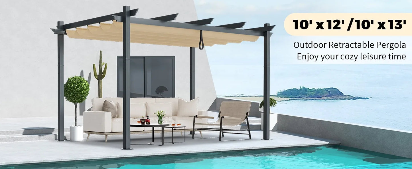 10x13 Ft Pergola,Aluminum Pergola w/ Retractable Sun Shade Canopy,Metal Pergola Structure