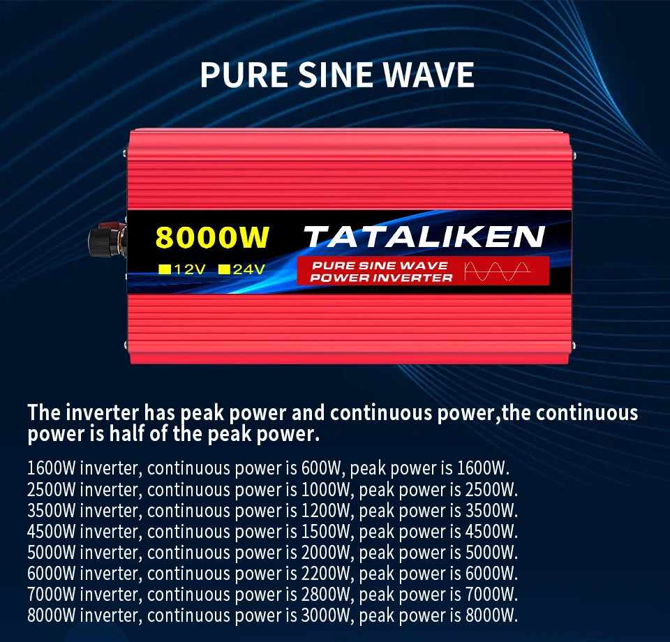 Power Inverter 10000W DC12V to AC110V 60HZ Pure Sine Wave Inverter w/LCD Display Remote 4AC Outlets