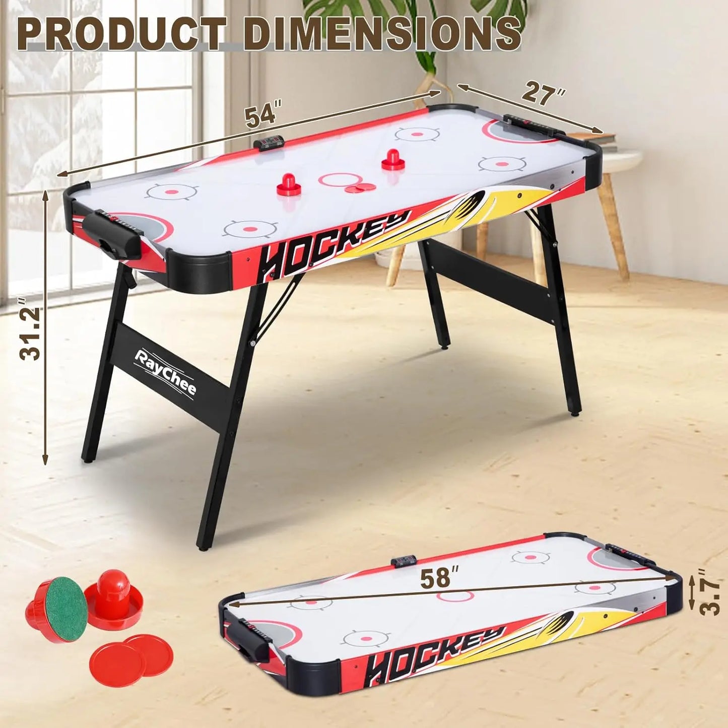 58in Folding Air Hockey Table, LED Hockey Game, Hockey Table Gaming Set w/2 Pucks, 2 Pushers