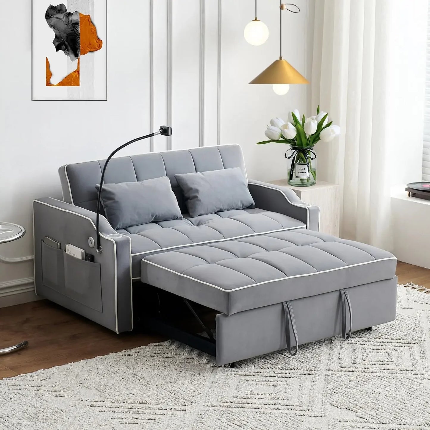 Sleeper Sofa Couch/ Futon Sofa Bed, 3 in 1 Convertible Pull Out w/ USB Port & Swivel Phone Stand