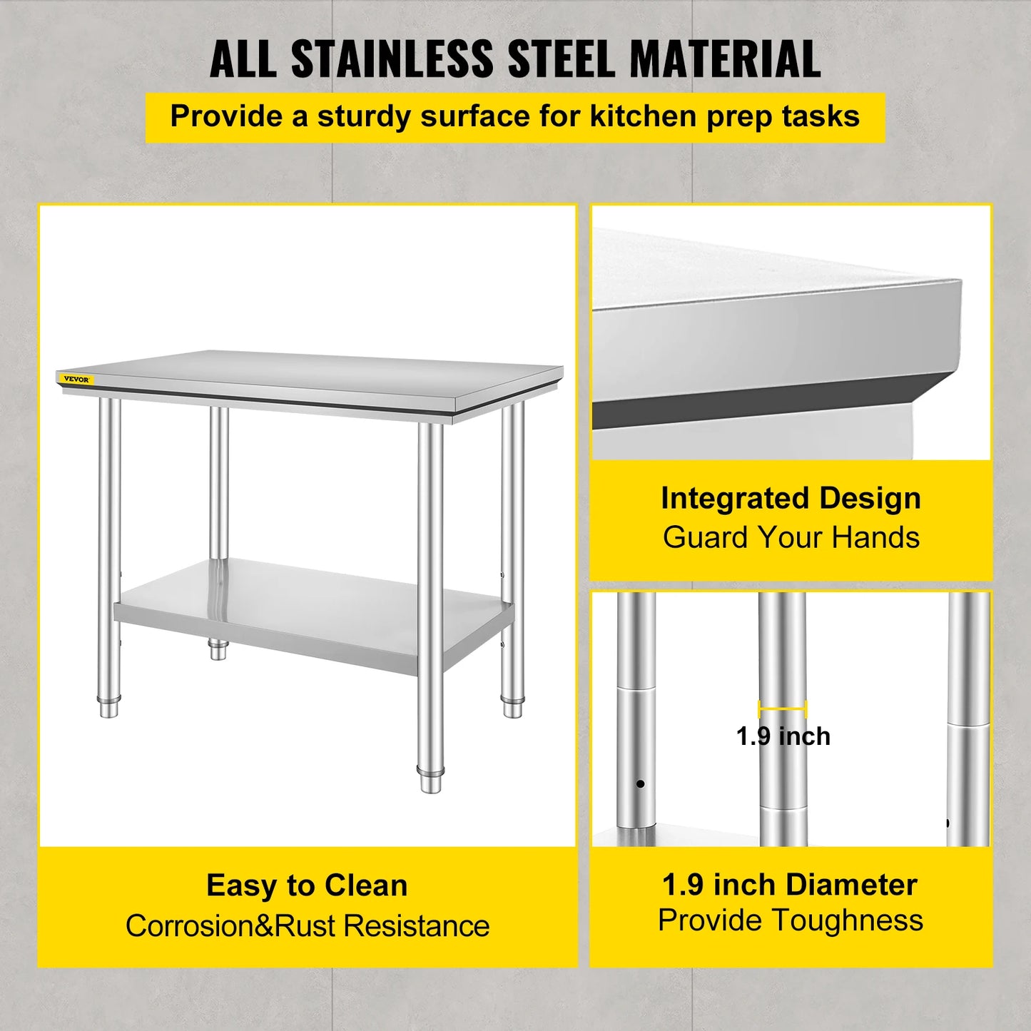 VEVOR Kitchen Work Bench Commercial Catering Worktable w/Undershelf Stainless Steel 330LBS 286LBS