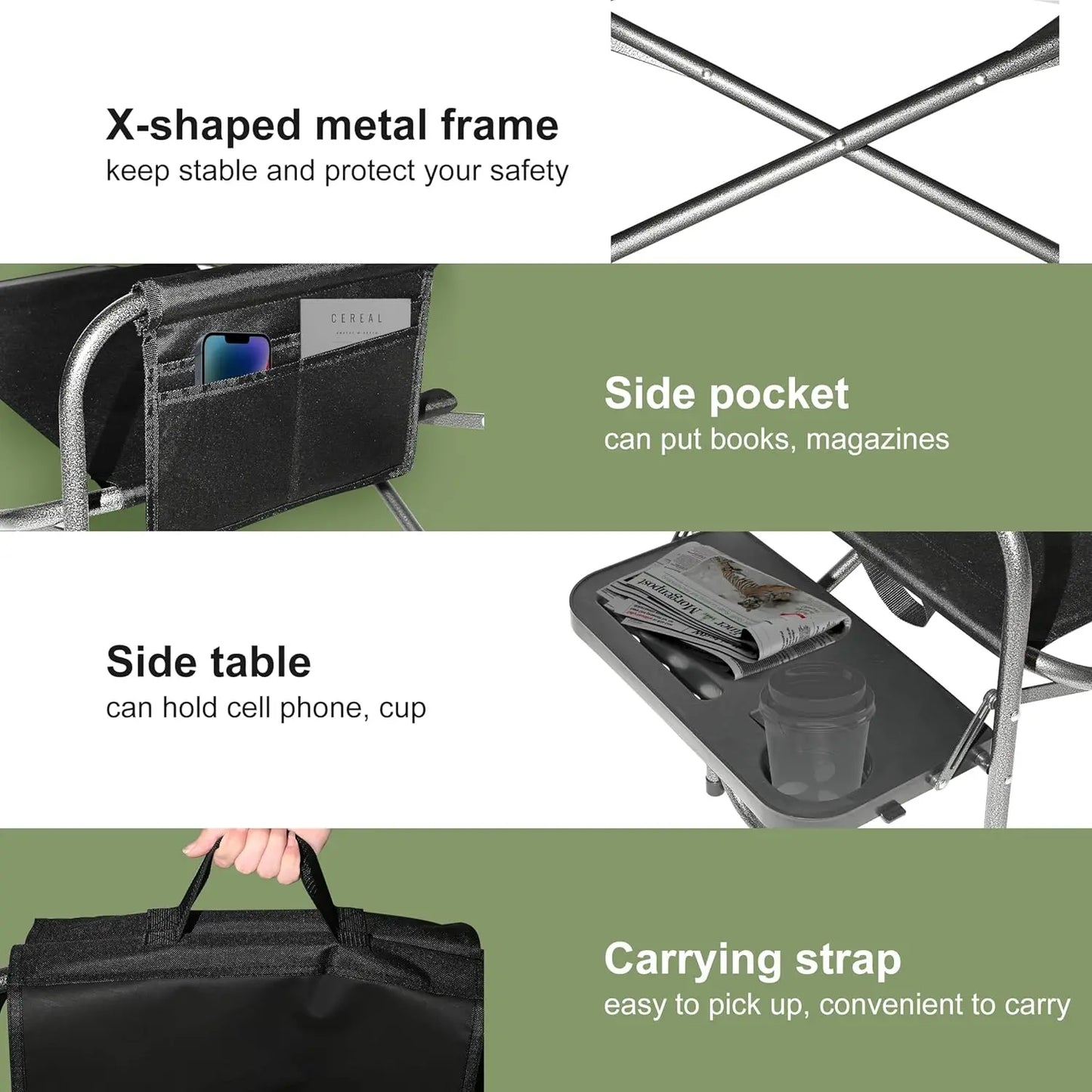 Camping Directors Chair, Lightweight Oversized Portable Folding Chair w/Side Table +Storage Pockets
