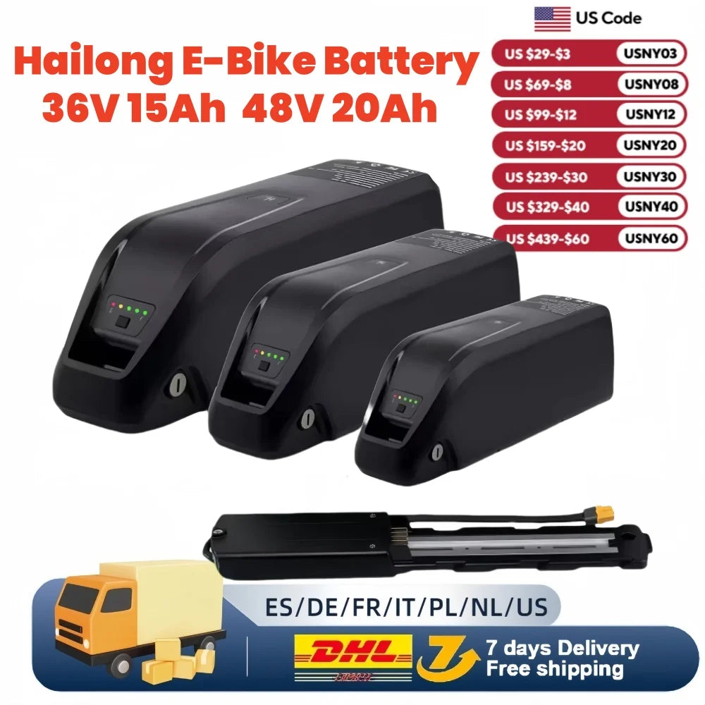 36V 48V 52V Hailong Ebike Battery with Charger Full Capacity 10Ah 15Ah 20Ah Powerful 18650 Lithium