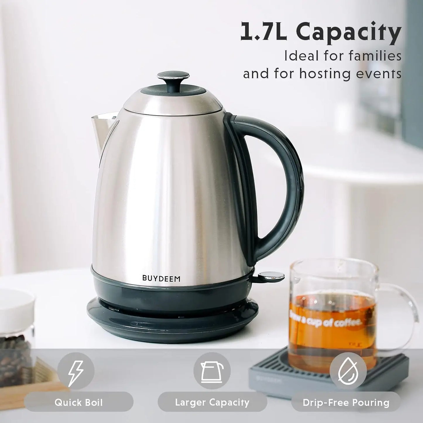 Stainless Steel Electric Tea Kettle w/Auto Shut-Off & Boil Dry Protection,1.7L Cordless Water Boiler