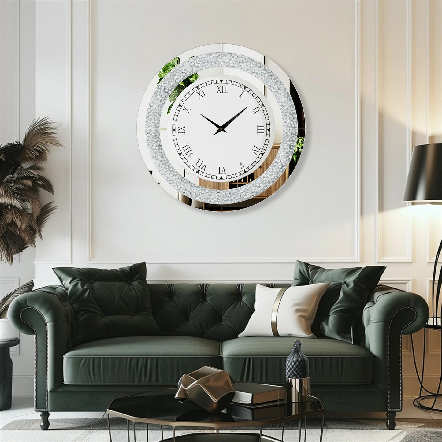 60/80CM Bling Silver Round Mirror Clock Glam Sparkle Twinkle Shining Mirrored Wall Clock