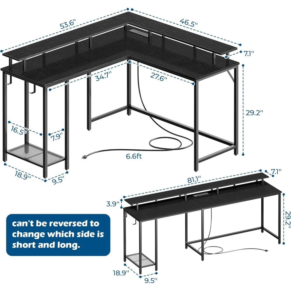 L Shaped Gaming Desk with Power Outlets & LED Lights, Computer Desk w/Monitor Stand & Storage Shelf