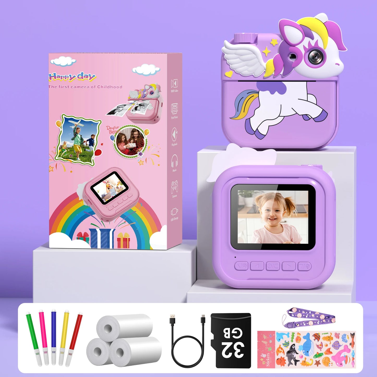 Gofunly Kids Instant Camera, 12MP 1080P HD IPS Screen Printing, 2.4" Instant Camera with 32G Card