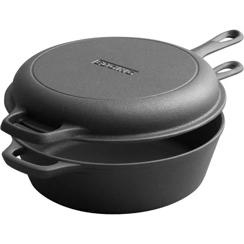 EDGING Dutch Oven Pot w/Skillet Lid Cooking Pan, Cast Iron Skillet Cookware Pan w/Dual Handles