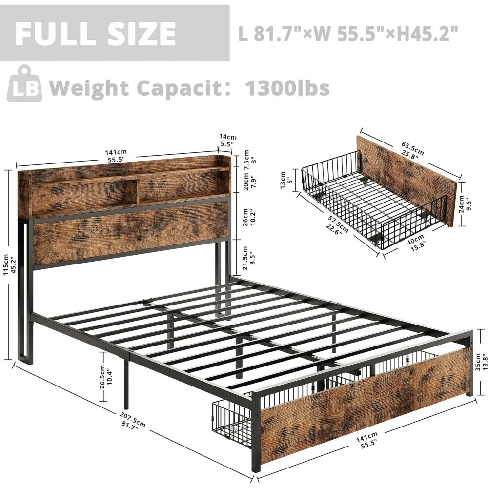 Full Size Bed Frame with Bookcase Headboard & Drawer & Charging Station,Sturdy Metal Platform Bed