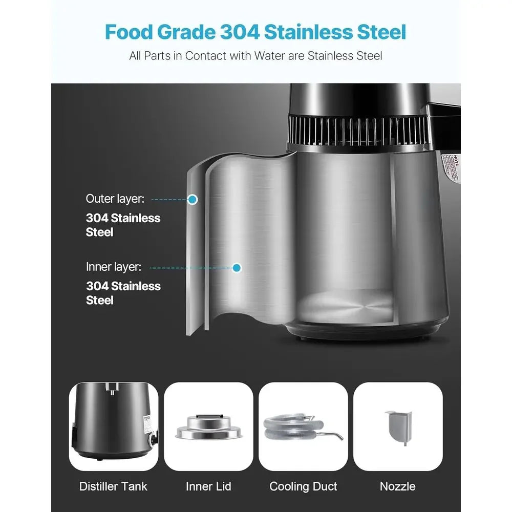 1.1 Gallon Glass Countertop Water Distiller, 1750W, 0.4 Gallons/Hour, 4L Capacity, Timer & Temp Display