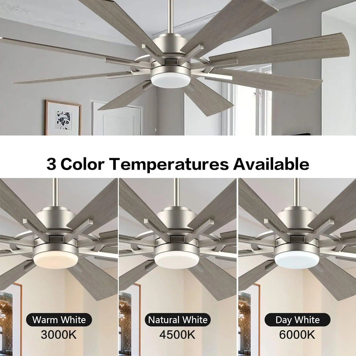 80" DC Ceiling Fan W/ Lights & 3 Downrods, Large Ceiling Fan, 8 Blades, 6-Speed Reversible DC Motor