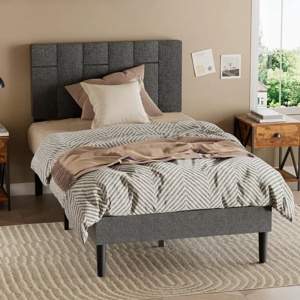 Modern children's double bed platform bed frame w/Soft padded geometric headboard, No springs