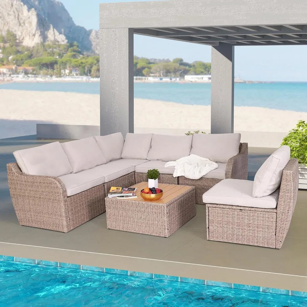 7 Pieces Patio Furniture Set PE Rattan Sectional Sofa High Back Outdoor Set Wicker Patio w/Cushions