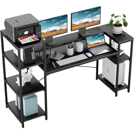 Computer Desk with Storage Shelves, 63 Inches Large Industrial Office Desk Workstation