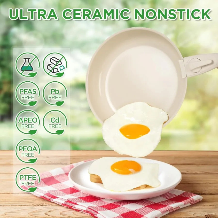 20pcs Ceramic Cookware Set Nonstick Detachable Handle Pots and Pans Set RV Kitchen Set