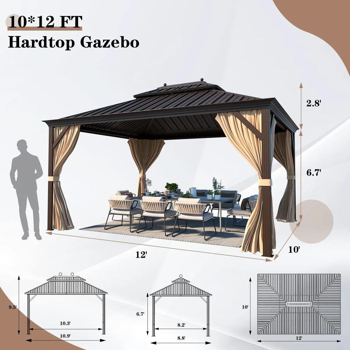 12'x20' Gazebo Hardtop, Galvanized Steel Double Roof Metal w/Aluminum Frame, Permanent Pavilion