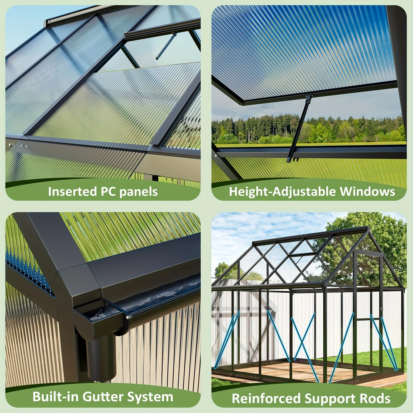 Polar Aurora 6x7FT Polycarbonate Greenhouse, PC Panels & Aluminum Frame w/ Vent Windows