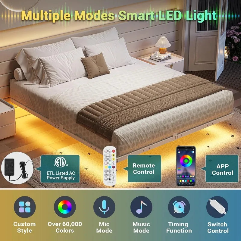 Floating Bed Frame with LED Lights, Metal Platform Full Bed, No Box Spring Needed