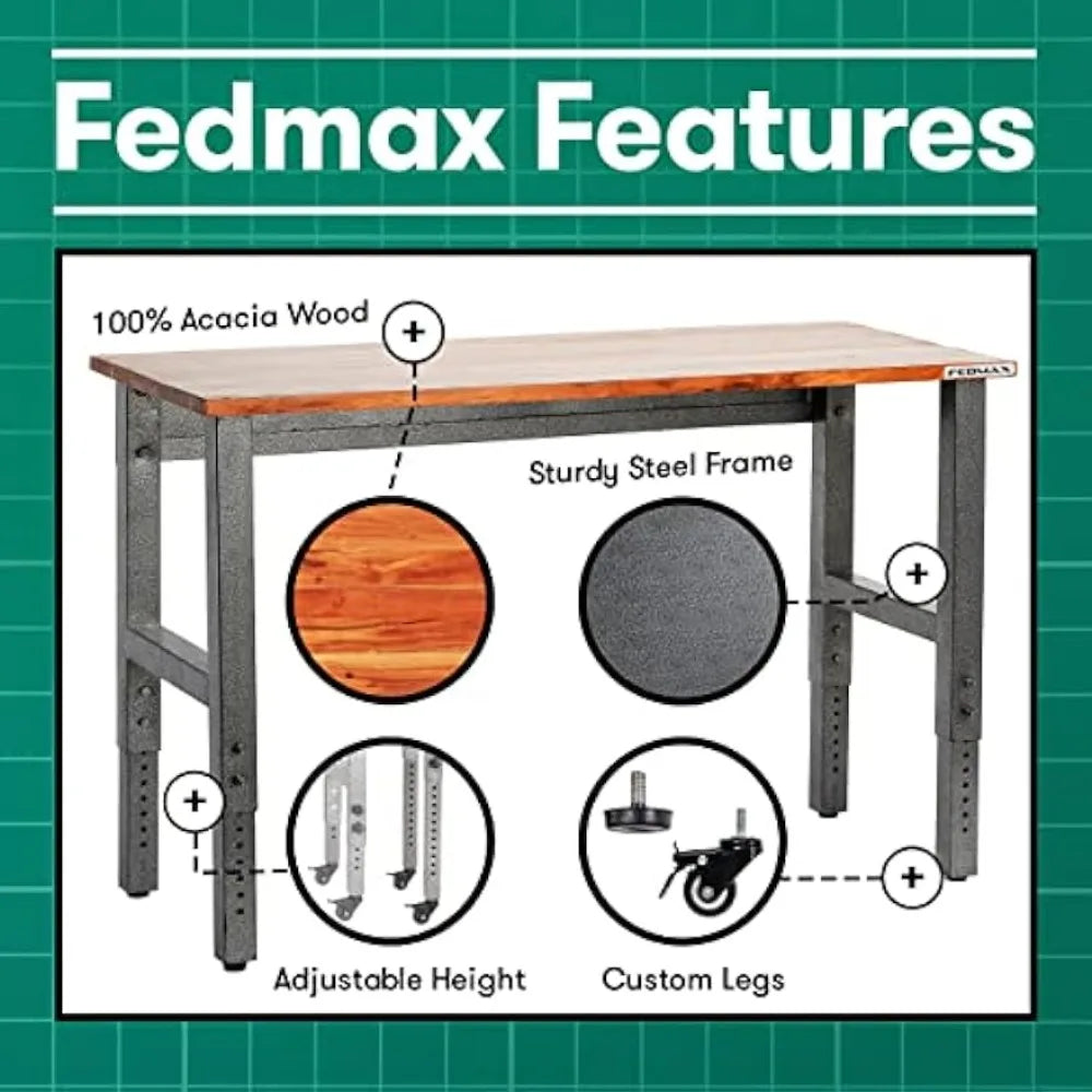 Fedmax Work Bench - 48" Rolling Portable Workbench /Metal with Acacia Hardwood Top, Adjustable Legs