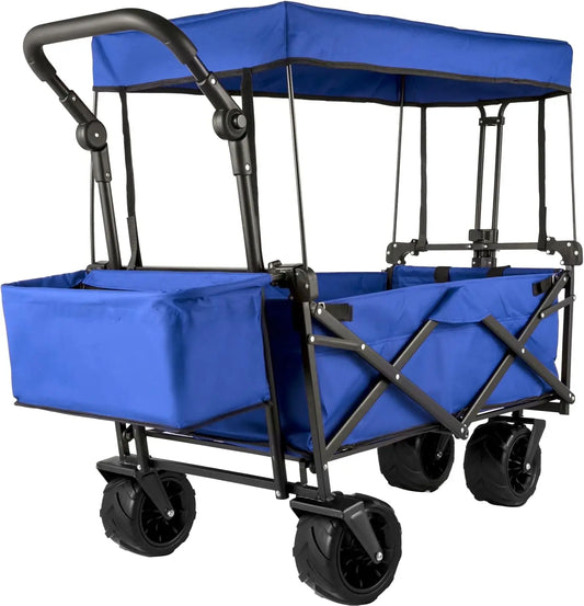 Extra Large Collapsible Garden Cart/Wagon with Removable Canopy 220lbs Capacity w/ Rear Storage Blue