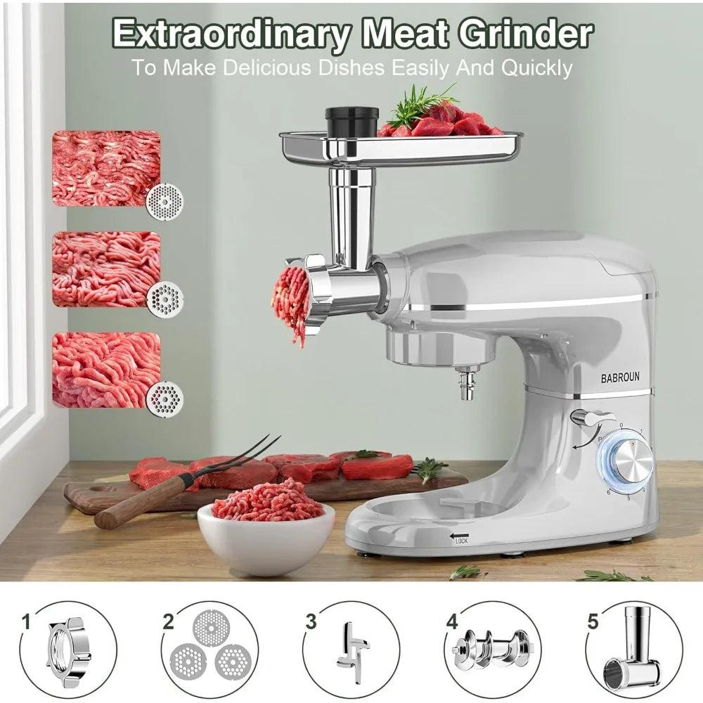 BABROUN Stand Mixer 6 IN 1 Multifunctional w/6.5QT Stainless Steel Bowl 1.5L Glass Jar/Meat Grinder