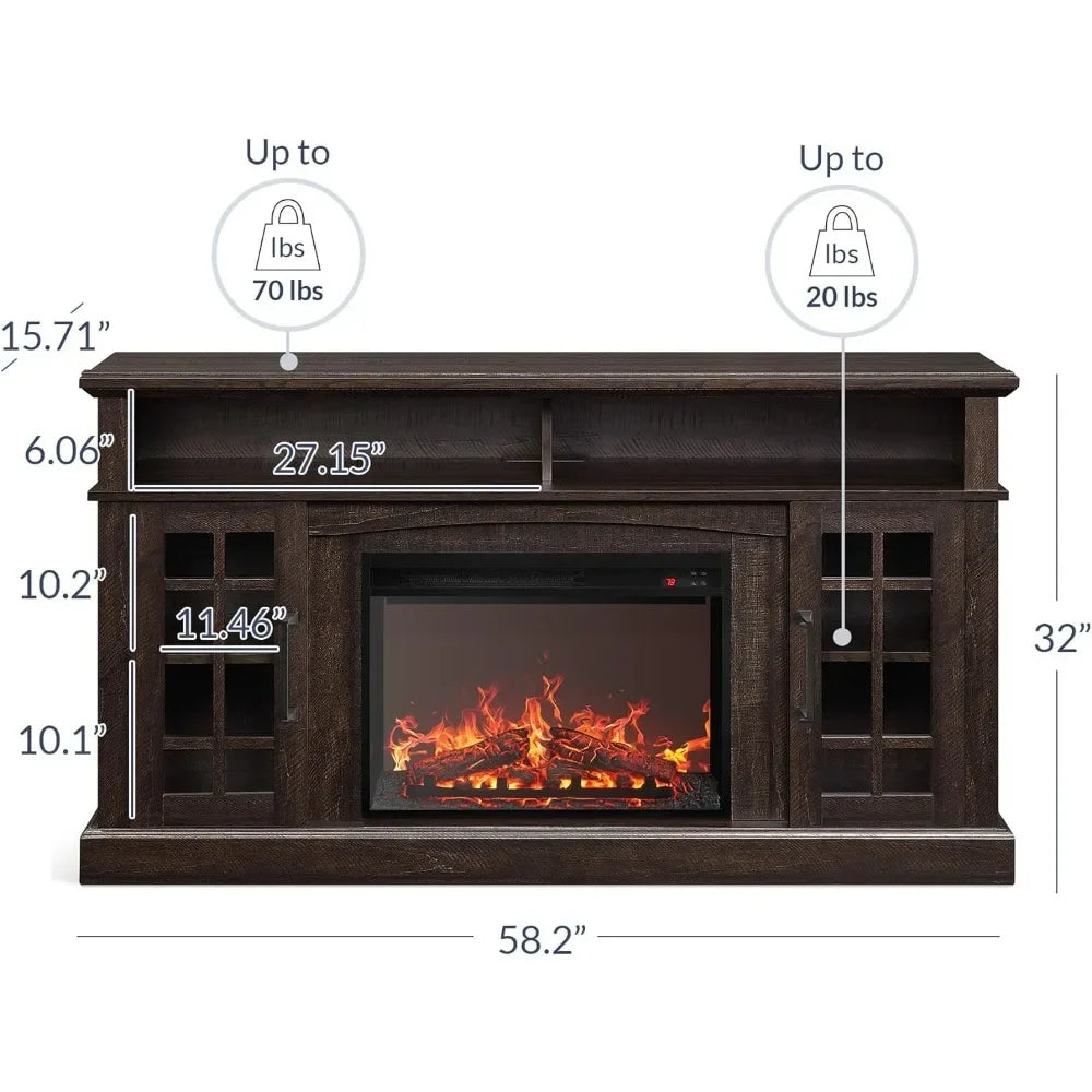 TV Stand w/ 23" Electric Fireplace Heater, Media Entertainment Center Console Table for TV up to 65"