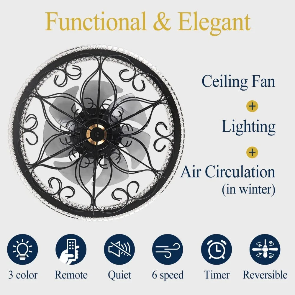 2024 New 20'' Low Profile Ceiling Fan w/Lights&Remote, Flush Mount Lighting Fan, Bladeless Fandelier