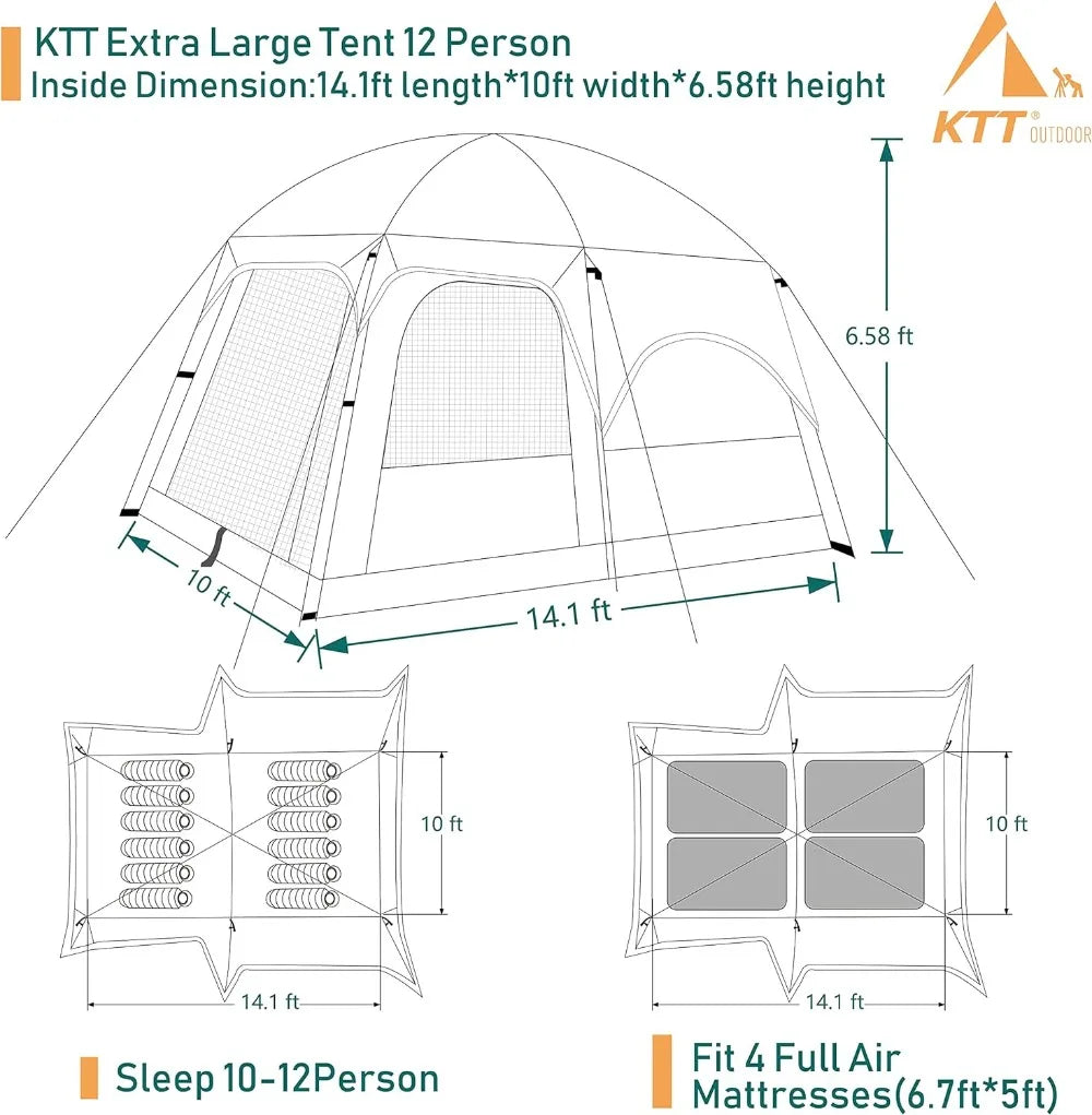 Extra Large Tent 12 Person(A) Family Cabin Tents 2 Rooms 3 Doors & 3 Windows/Waterproof Double Layer