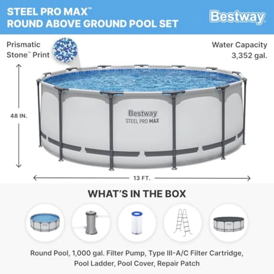Steel Pro MAX 13' x 48" Above Ground Pool Round Metal Frame Set w/Filter Pump Ladder and Cover Gray