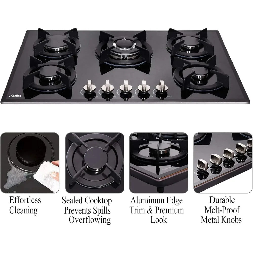 30" Cooktop gas, 5 Burners,Gas Stove top Tempered Glass Cooktop Cast Iron Grates Built-in