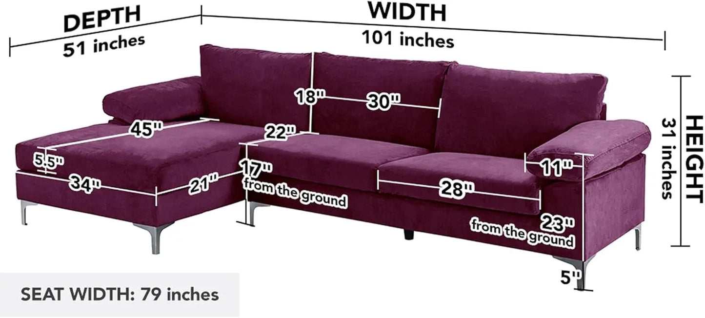 Milano Modern Large Velvet L-Shape Sectional Sofa, with Extra Wide Chaise Lounge Couch