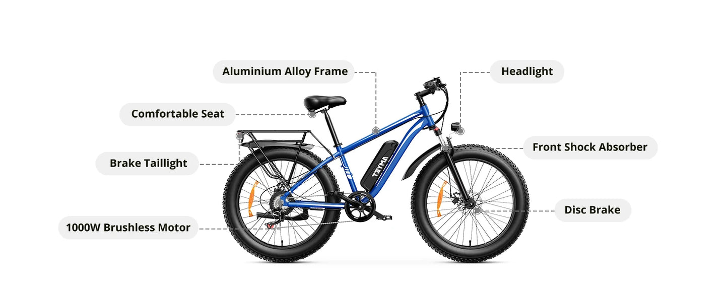AMYET EB26 Electric Bike for Adults 1000W Electric Bicycle 48V 15AH/26" Fat Tire Mountain 31mph