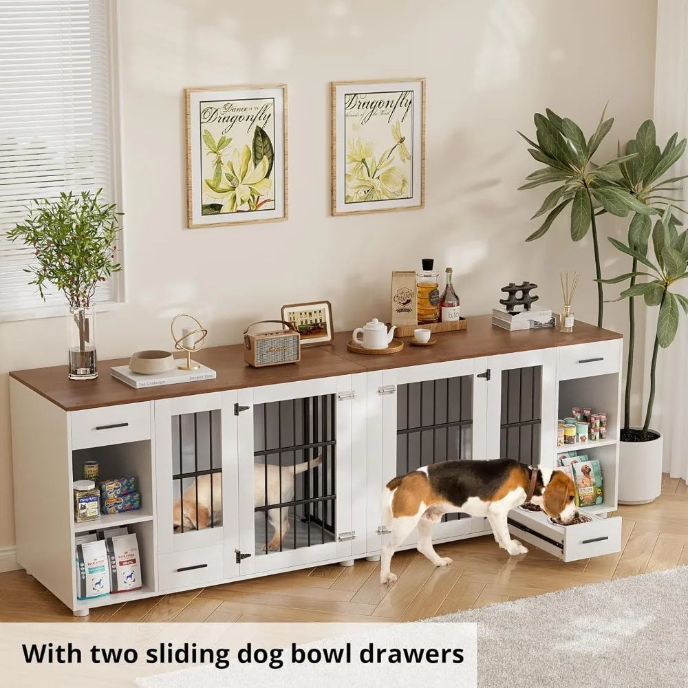 Large Wooden Dog House w/ Drawers & Heavy Duty Kennel Indoor with Room Divider and TV Stand Cabinet