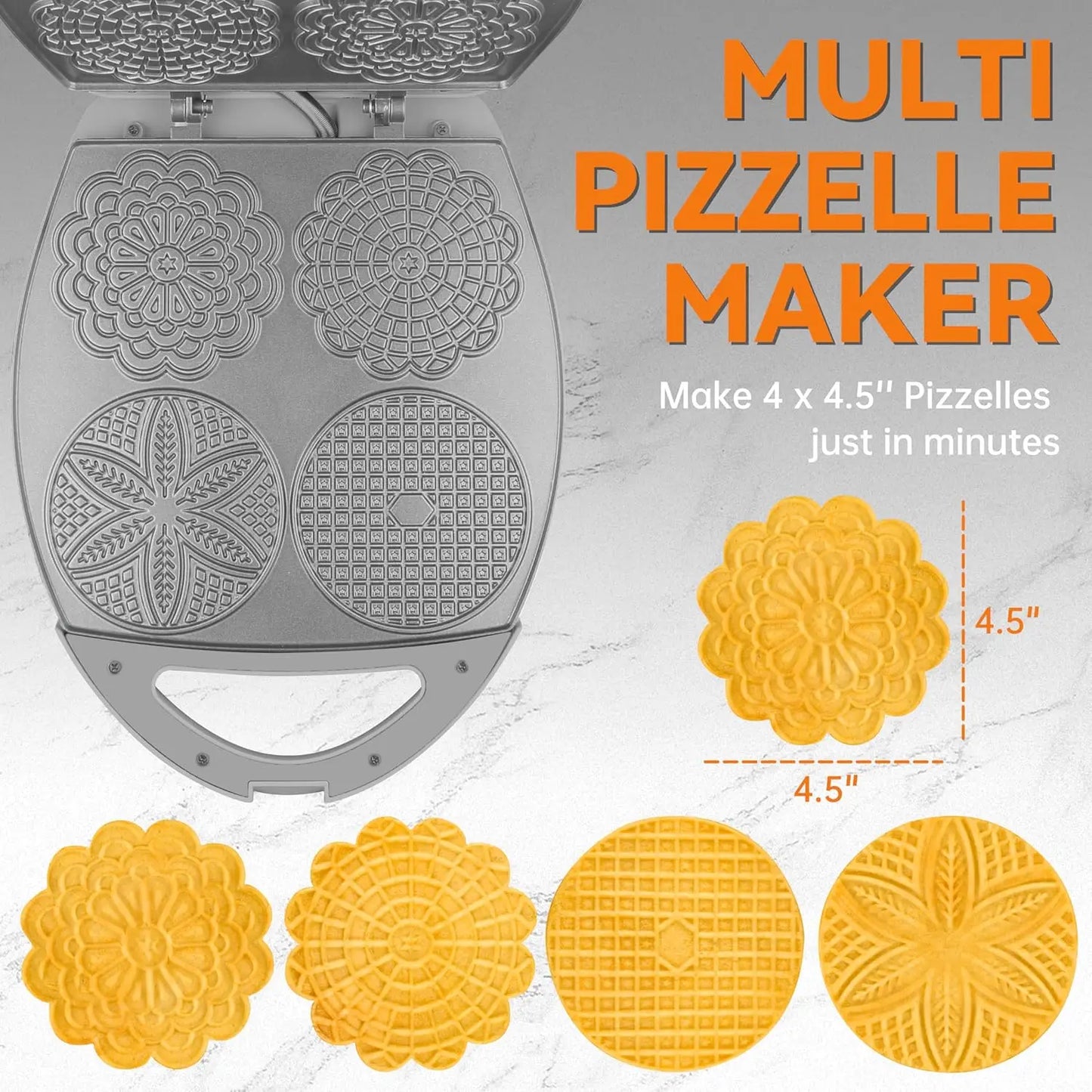 Multi Pizzelle Maker Electric, Stroopwafel Iron, 4 x 4.5'' Pizzelle Waffle Cookies Maker