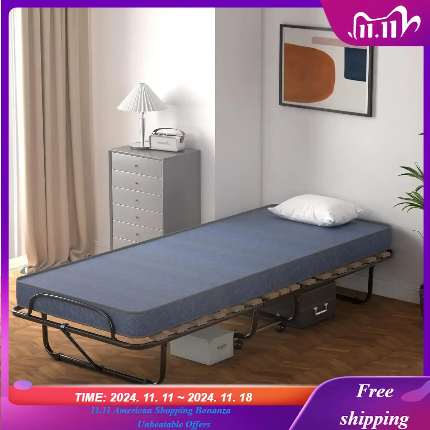 Folding Bed with Mattress for Adults, Rollaway Guest Beds w/Memory Foam Mattress & Metal Frame,