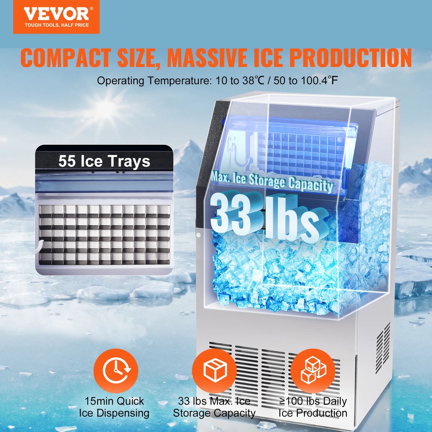 VEVOR Commercial Ice Maker 100 Lbs/24H Ice Maker Machine 55 Ice Cubes in 12-15 Min LED Display