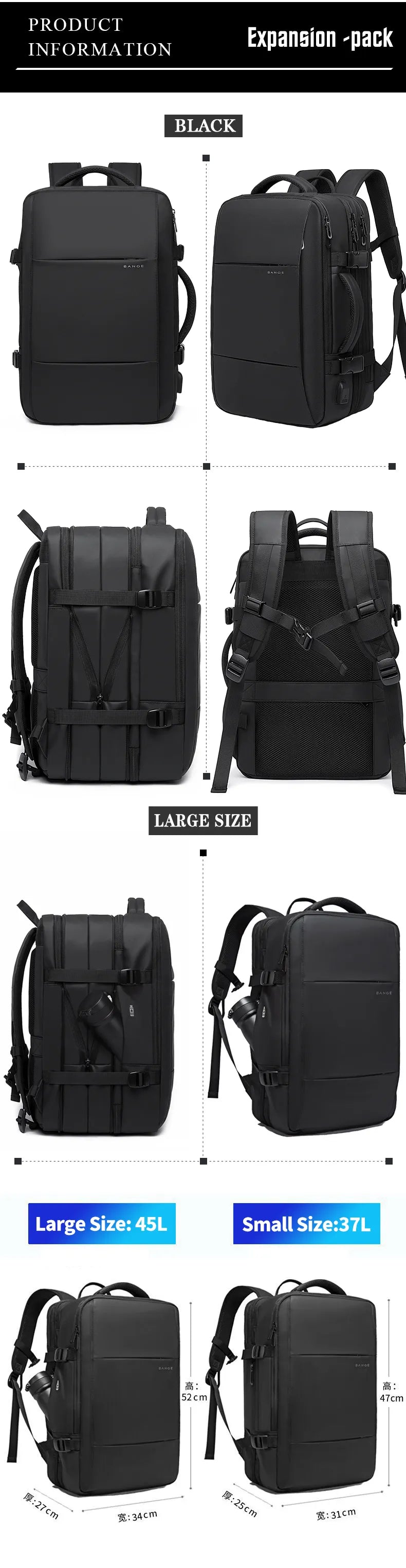 BANGE Travel Business Backpack School Expandable USB Bag Large Capacity 17.3 Laptop Waterproof