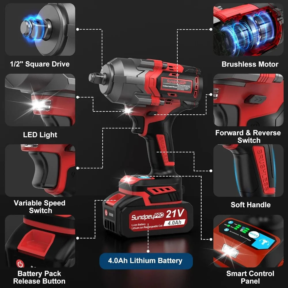 Cordless Impact Wrench 900Ft-lbs(1200N·m) - 21V 1/2" with 2 * 4.0Ah Batteries/Fast Charger & Case