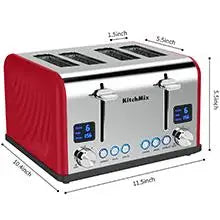 4 Slice, Kitch Mix Stainless Toaster w/ LCD Timer, Extra Wide Slots, Dual Screen, Removal Tray (Red)