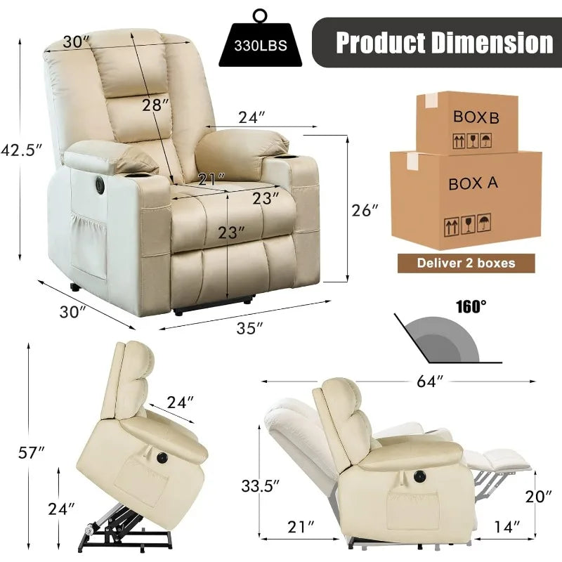 Power Lift Recliner Chair for Elderly, Plush Fabric Electric Recliner w/Heated & Vibration Massage