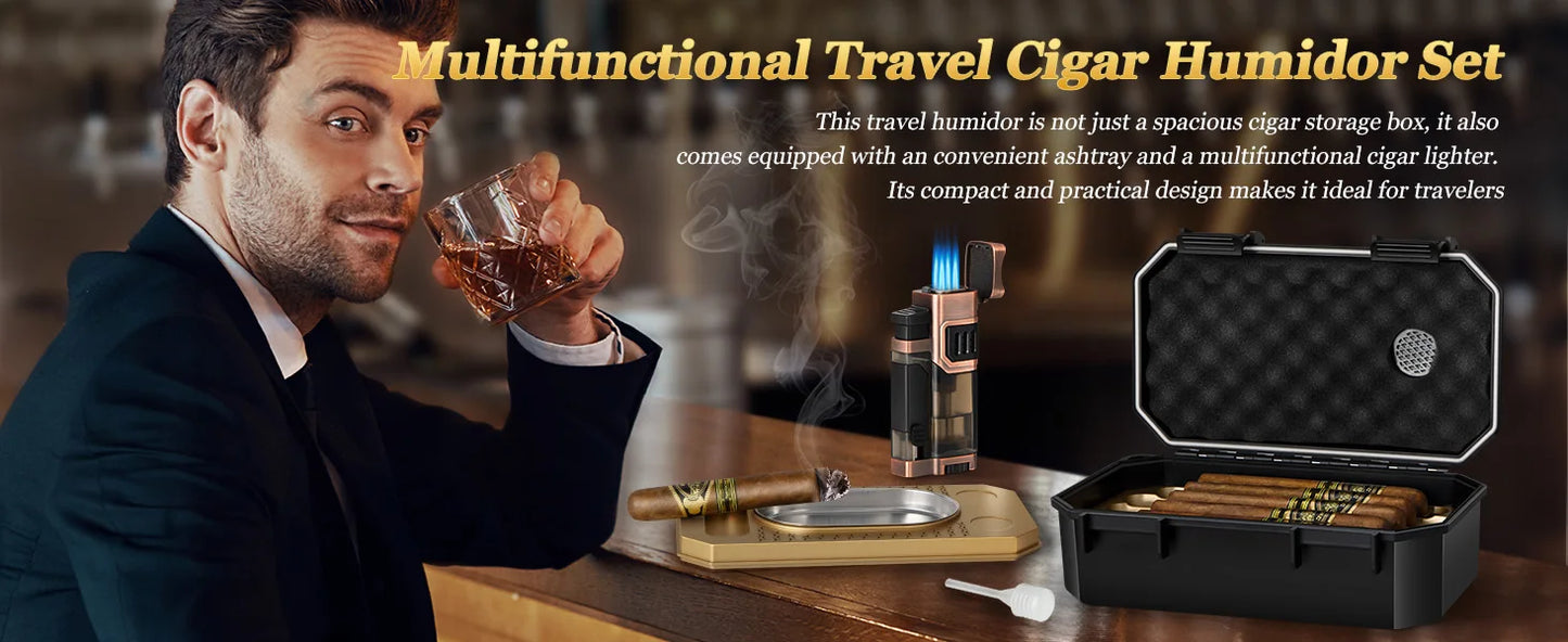 AWOTE Travel Humidor Set w/Torch Lighter, Ashtray, Humidifier & Hygrometer Portable Case Men Gift