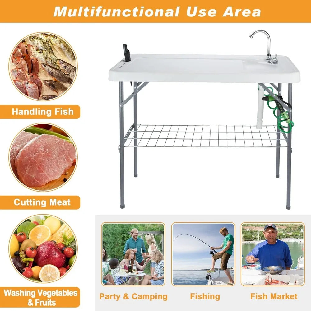 Folding Fish Cleaning Table Portable Sink Table w/Faucet Drain Hose & Sprayer Outdoor Station