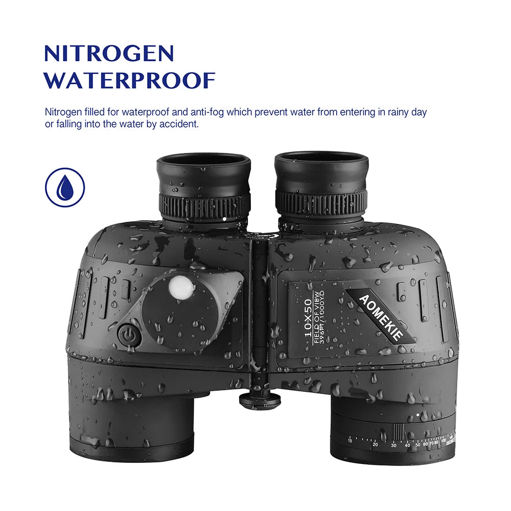 10x50 Binoculars for Adults Marine Military Binoculars Waterproof W/ Rangefinder Compass BAK4